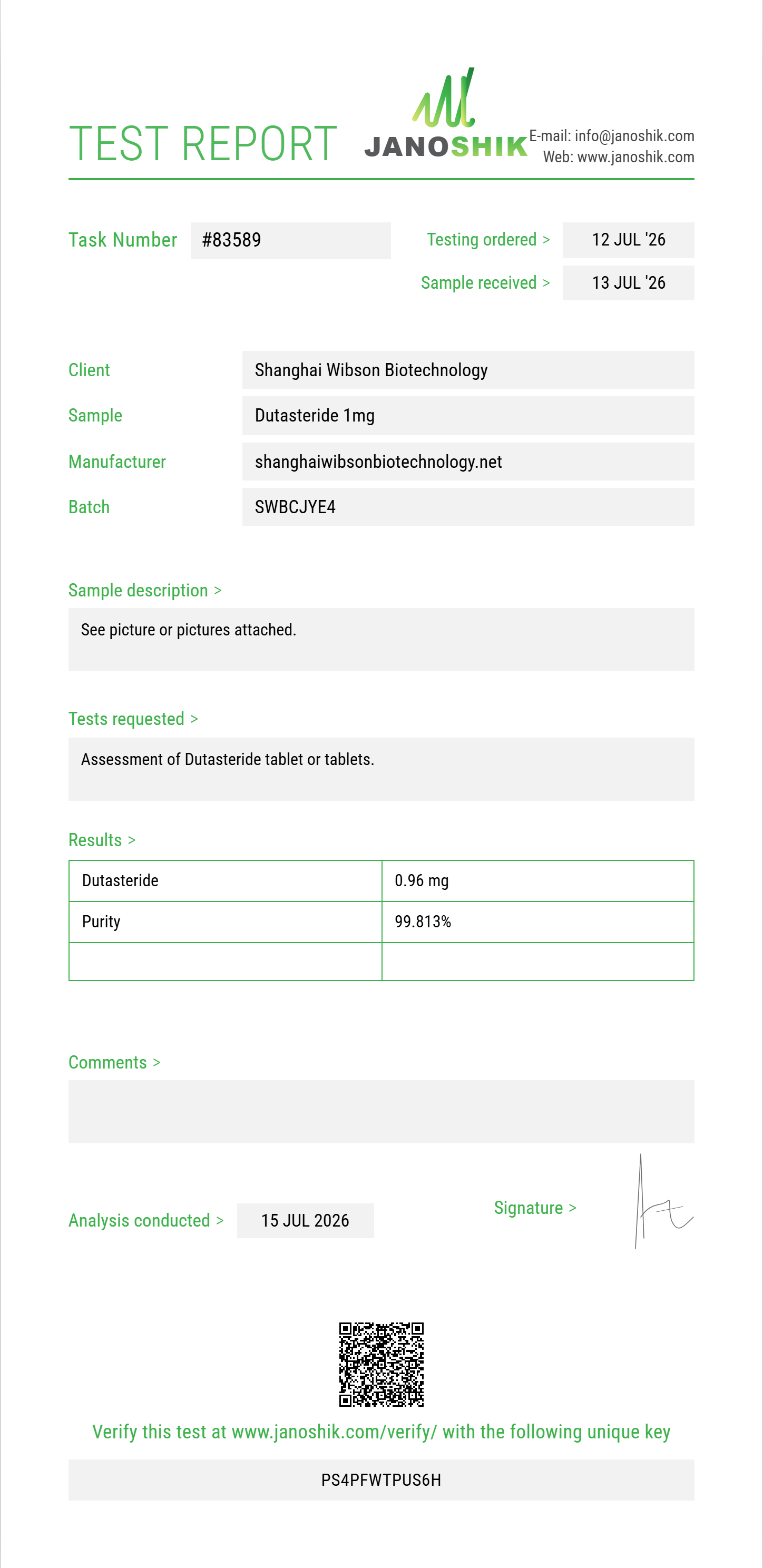 Dutasteride Purity (HPLC) report by Janoshik Analytical