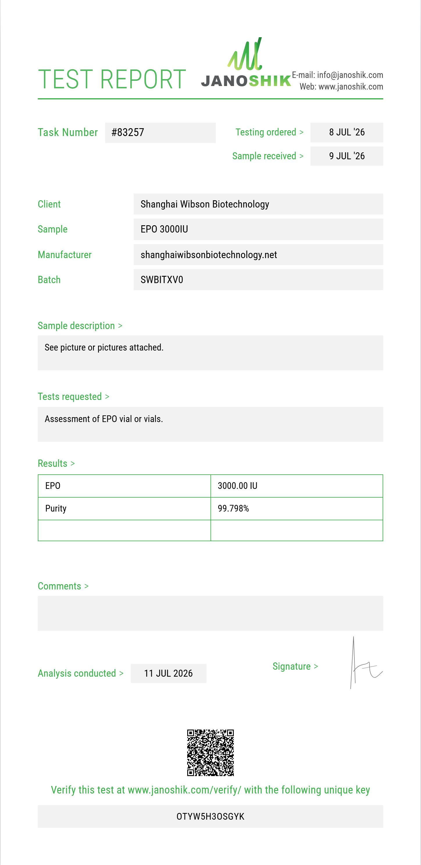 EPO Purity (HPLC) report by Janoshik Analytical