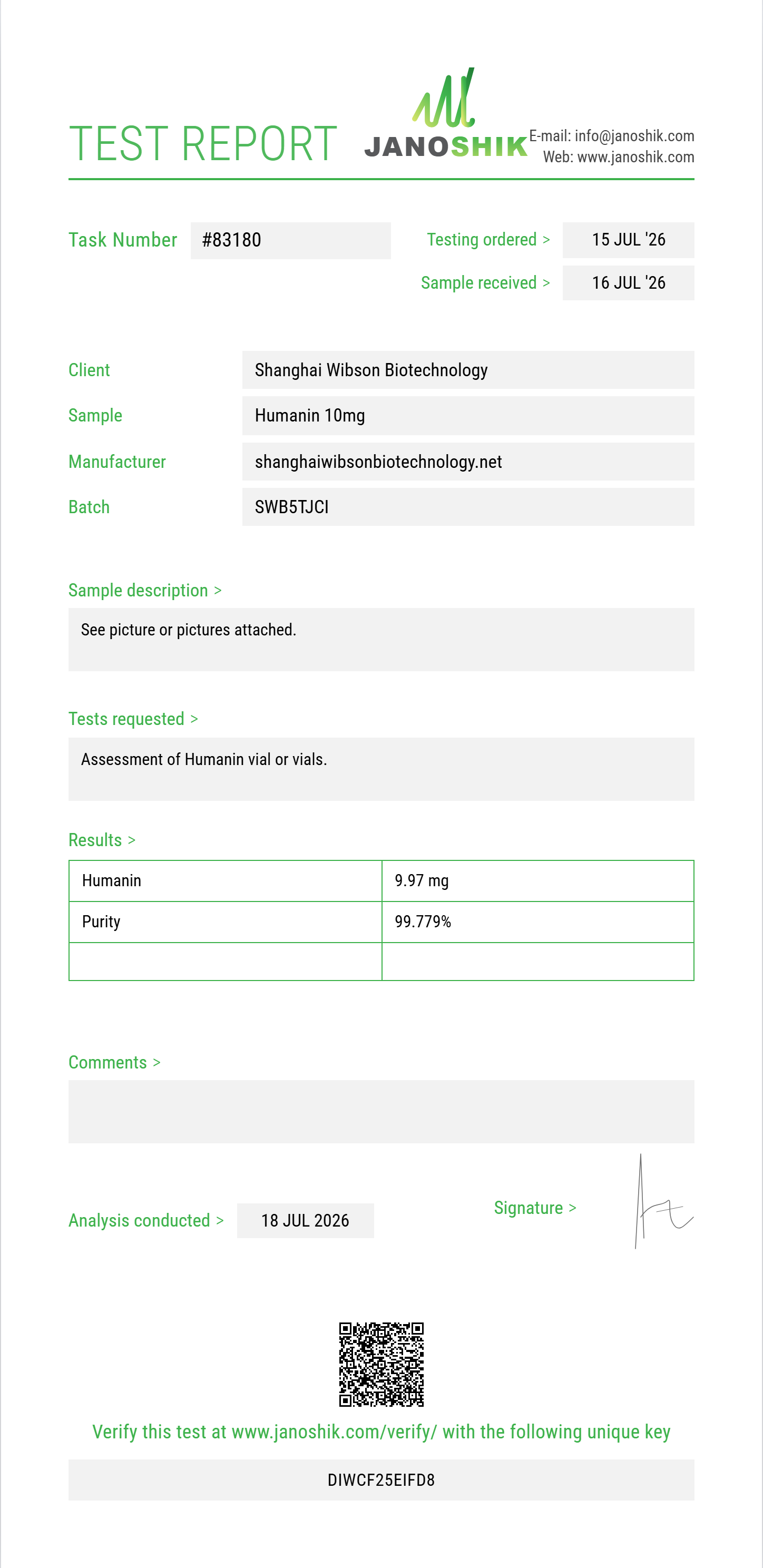 Humanin Purity (HPLC) report by Janoshik Analytical