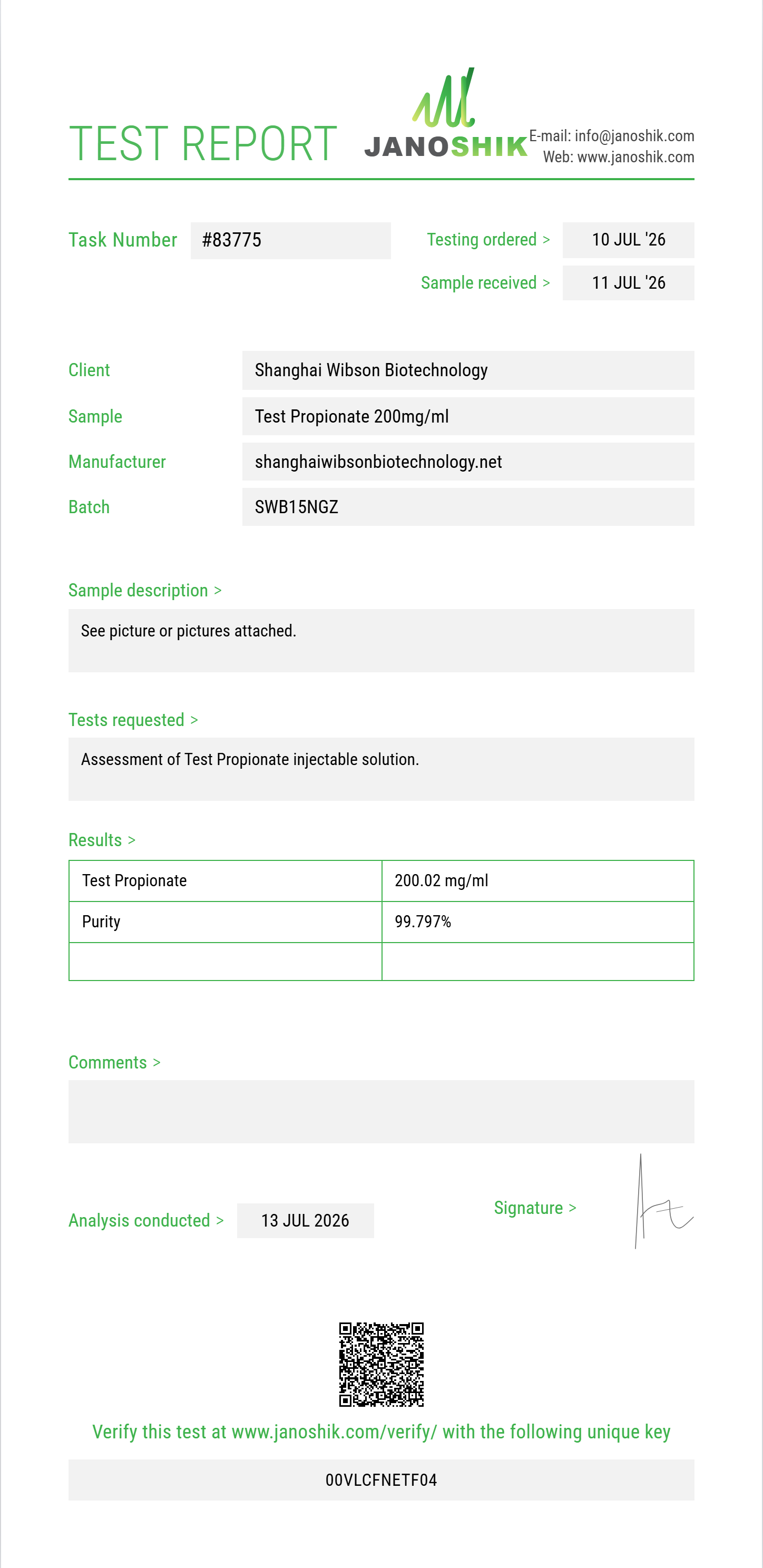 Test Propionate Purity (HPLC) report by Janoshik Analytical