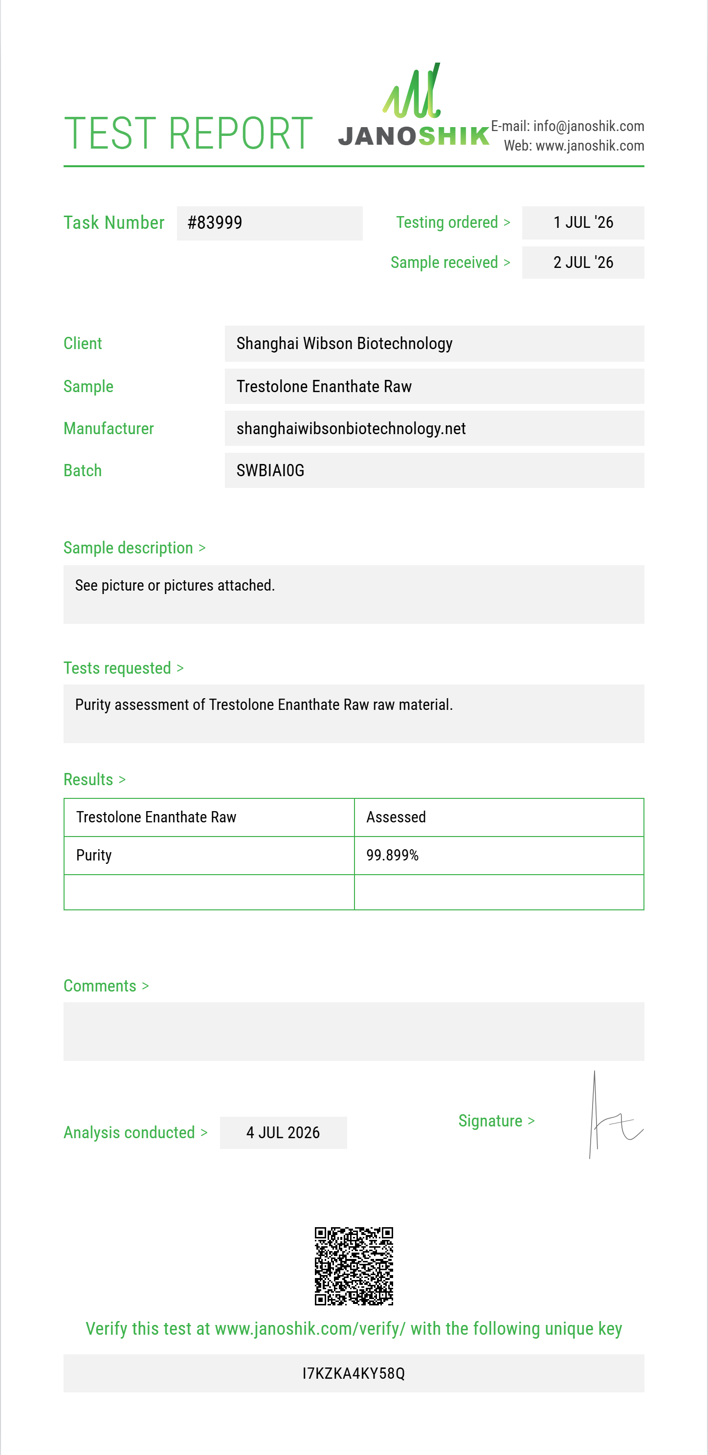 Trestolone Enanthate Raw Purity (HPLC) report by Janoshik Analytical